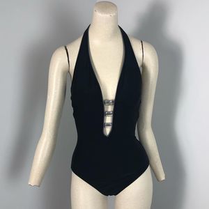 Allen B. Schwartz Black Beaded Plunge Swimsuit 8